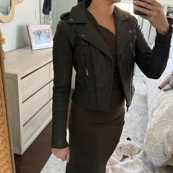 BCBG MaxAzria Genuine Leather Olive Coat with Lace Up XXS - Picture 12 of 16